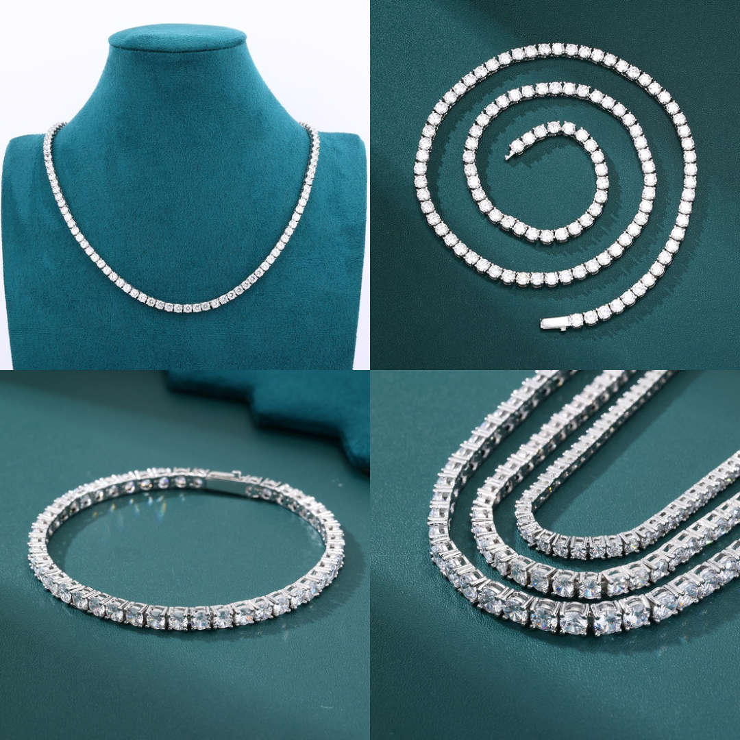 Tennis Chain Set 4mm - White Gold (ネックレス&ブレスレット Tennis Chain Set 4mm - White Gold (ネックレス&ブレスレット