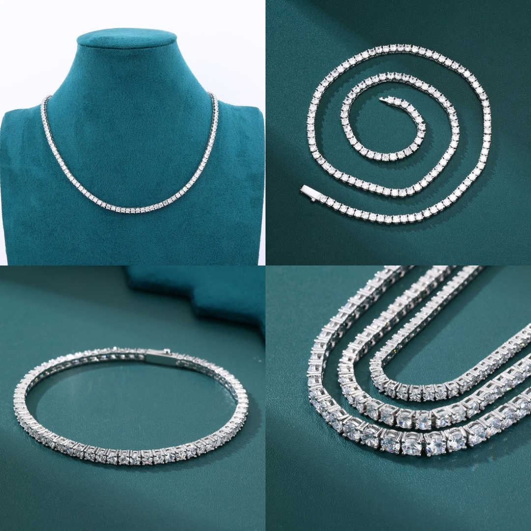 Tennis Chain Set 3mm - White Gold (ネックレス&ブレスレット