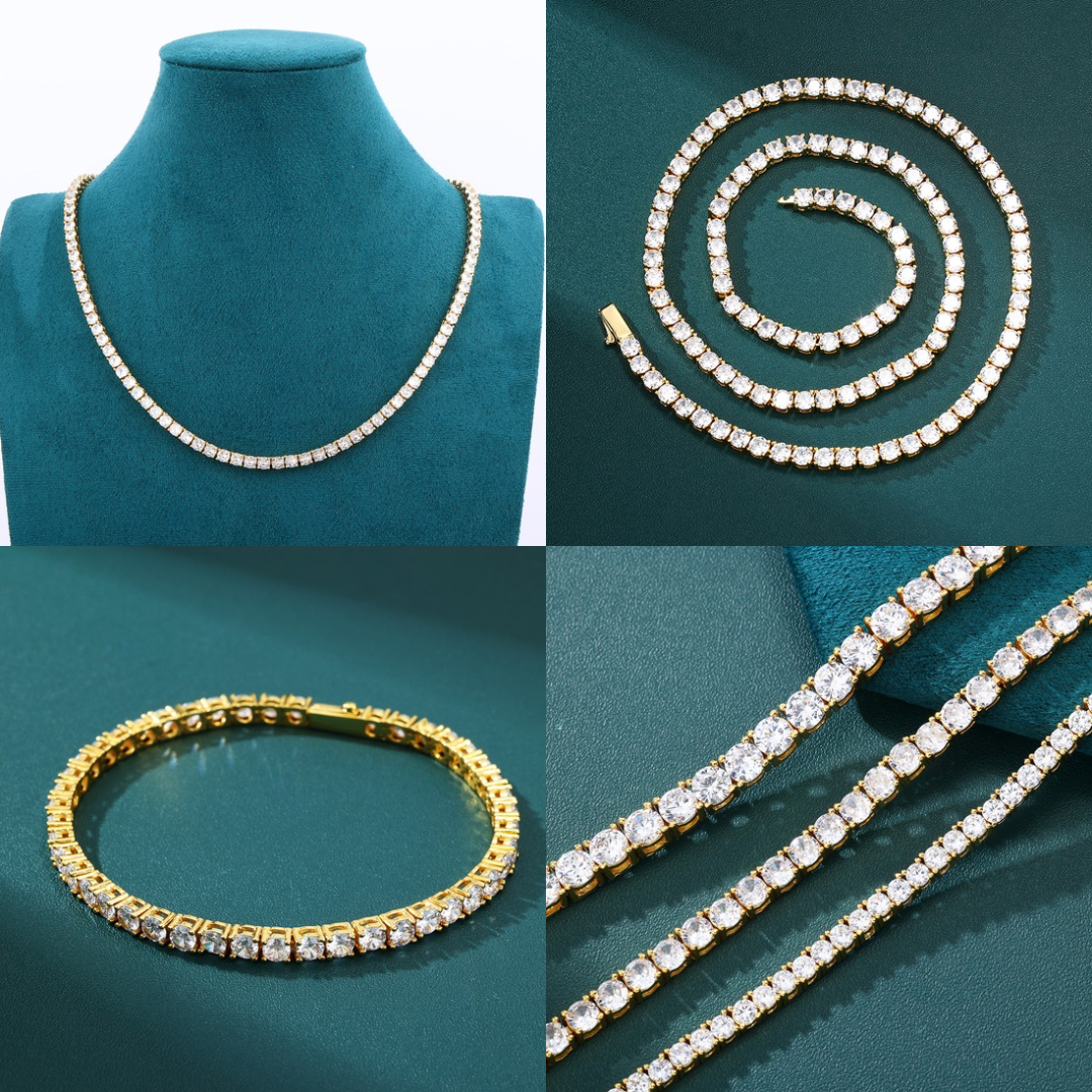 Tennis Chain Set 4mm - 18K Gold (Necklace & Bracelet) – EMPIRE Tennis Chain Set 4mm - 18K Gold (Necklace & Bracelet) – EMPIRE