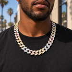 ギャラリービューアに画像を読み込み、Trinity Cuban Chain - 15mm (18K Gold × White Gold × Rose Gold|3-Tone Plated)の着用イメージ(AI生成・長さ55cmを想定)