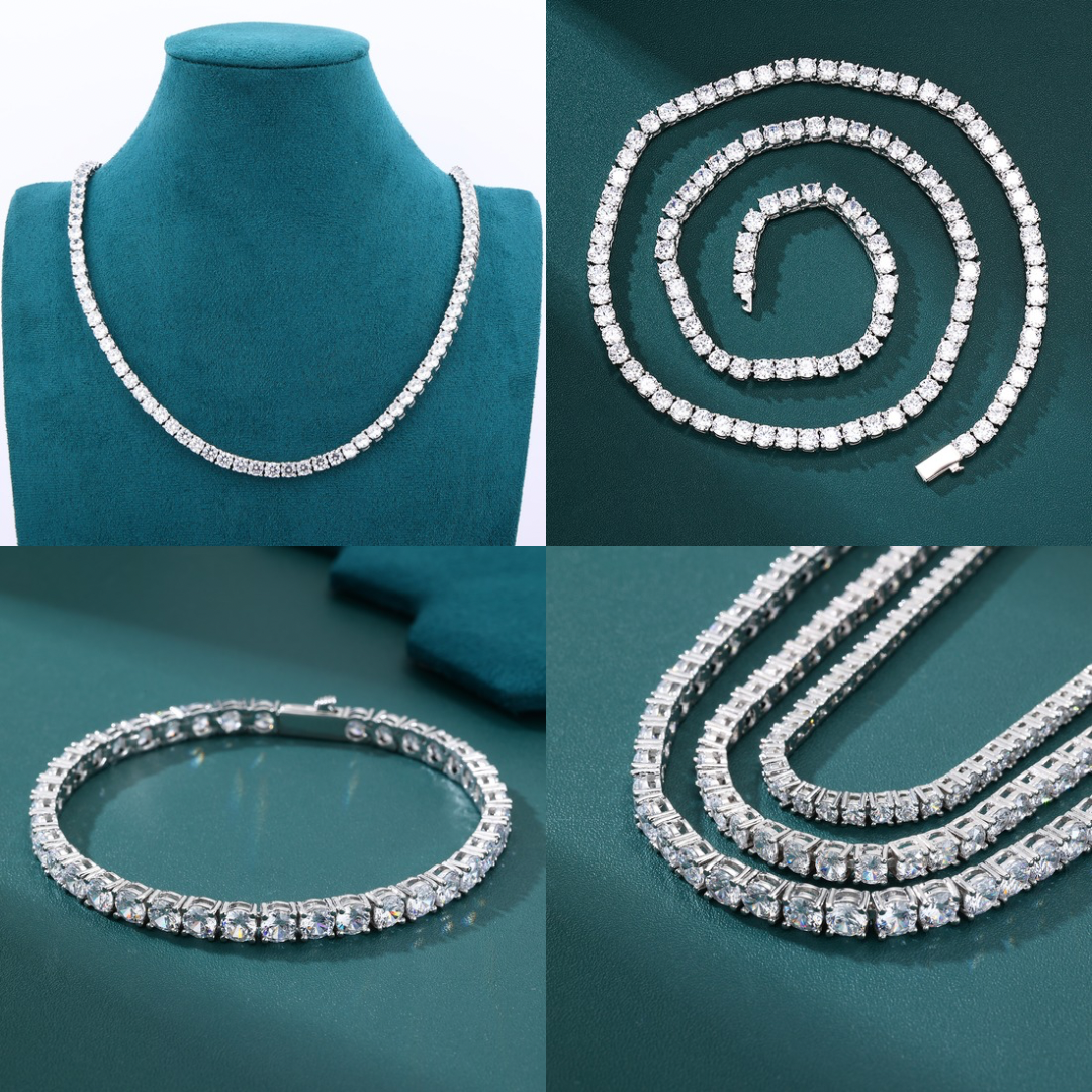 Tennis Chain Set 5mm - White Gold (ネックレス&ブレスレット)