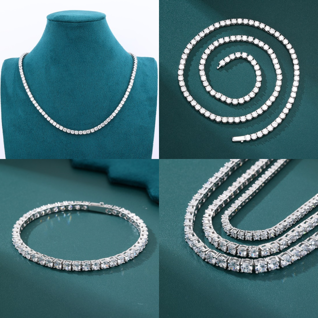 Tennis Chain Set 4mm - White Gold (ネックレス&ブレスレット)