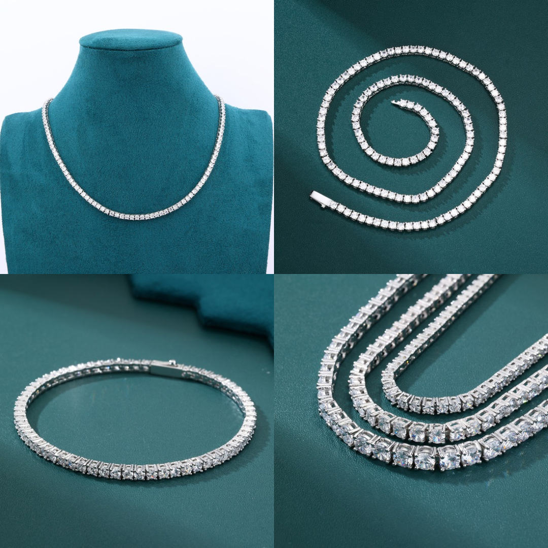 Tennis Chain Set 3mm - White Gold (ネックレス&ブレスレット)