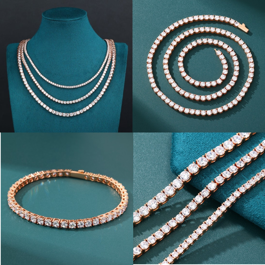 Tennis Chain Set 4mm - Rose Gold (ネックレス&ブレスレット)