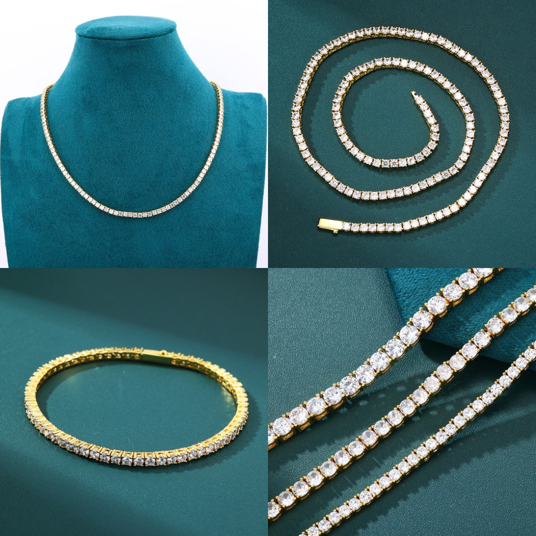 Tennis Chain Set 3mm - 18K Gold (ネックレス&ブレスレット)